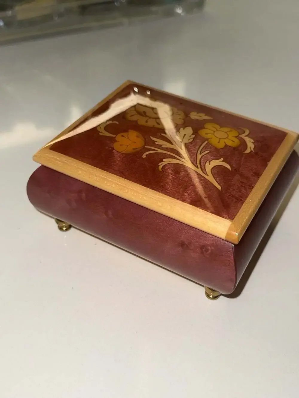Vintage Romance Swiss Movement Inlaid Wood Musical Jewelry Box Made in Italy